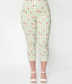 Unique Vintage Light Green Gingham & Peaches Rachelle Capri Pants
