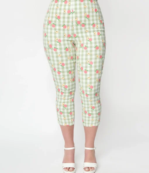 Unique Vintage Light Green Gingham & Peaches Rachelle Capri Pants