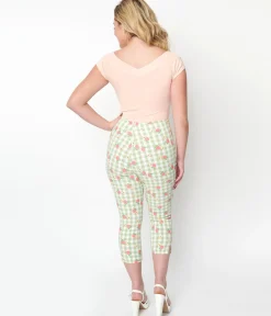 Unique Vintage Light Green Gingham & Peaches Rachelle Capri Pants
