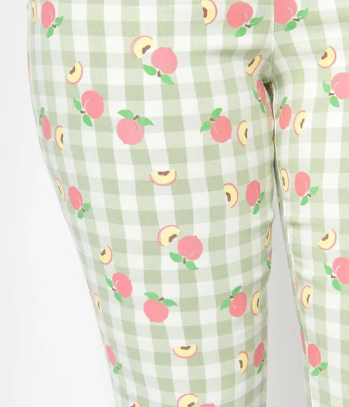 Unique Vintage Light Green Gingham & Peaches Rachelle Capri Pants