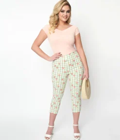 Unique Vintage Light Green Gingham & Peaches Rachelle Capri Pants