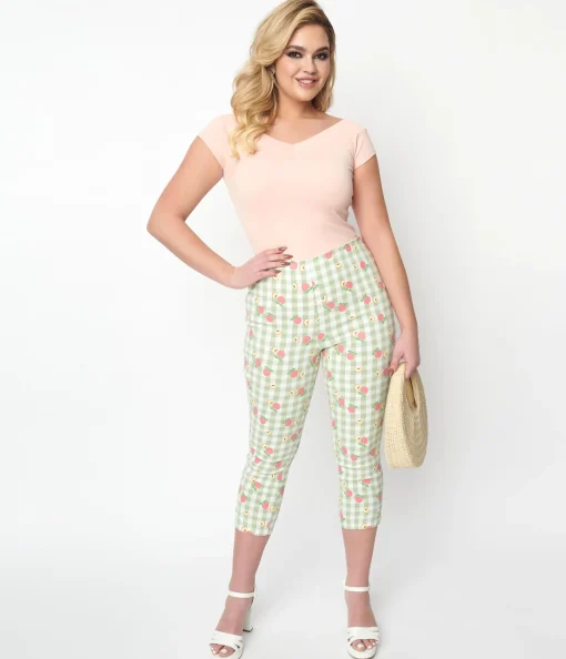 Unique Vintage Light Green Gingham & Peaches Rachelle Capri Pants