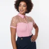 Unique Vintage Light Pink & Floral Mesh Sweetheart Top