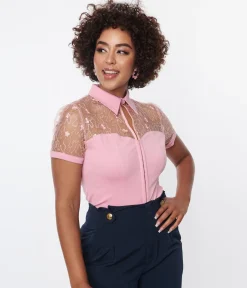 Unique Vintage Light Pink & Floral Mesh Sweetheart Top