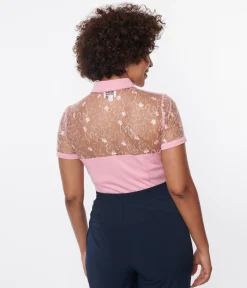 Unique Vintage Light Pink & Floral Mesh Sweetheart Top