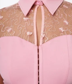 Unique Vintage Light Pink & Floral Mesh Sweetheart Top
