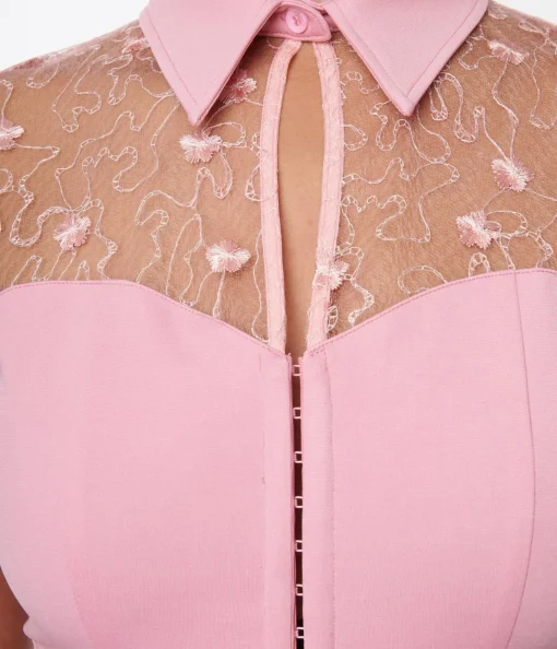 Unique Vintage Light Pink & Floral Mesh Sweetheart Top