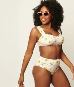 Unique Vintage Light Pink Stripes & Lemons Ruched & Ready Swim Top
