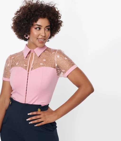 Unique Vintage Light Pink & Floral Mesh Sweetheart Top
