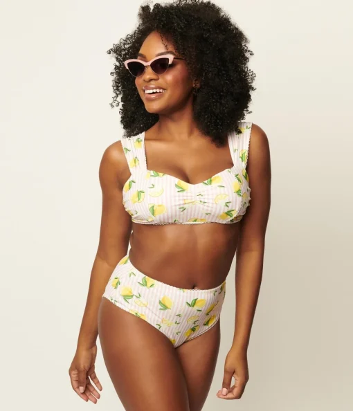 Unique Vintage Light Pink Stripes & Lemons Ruched & Ready Swim Top