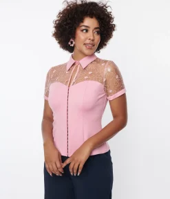 Unique Vintage Light Pink & Floral Mesh Sweetheart Top