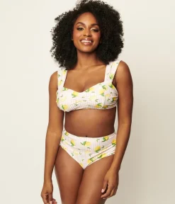 Unique Vintage Light Pink Stripes & Lemons Ruched & Ready Swim Top