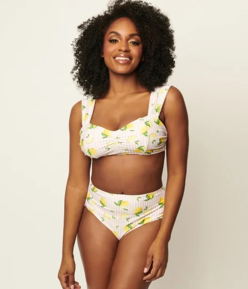 Unique Vintage Light Pink Stripes & Lemons Ruched & Ready Swim Top