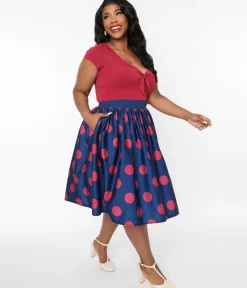 Unique Vintage Navy & Berry Polka Dot Gellar Swing Skirt
