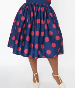 Unique Vintage Navy & Berry Polka Dot Gellar Swing Skirt