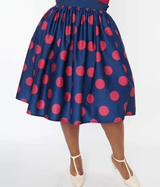 Unique Vintage Navy & Berry Polka Dot Gellar Swing Skirt
