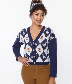 Unique Vintage Navy & Duck Argyle Sweater Cardigan