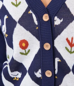 Unique Vintage Navy & Duck Argyle Sweater Cardigan