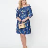 Unique Vintage Navy & Orchard Print Off Shoulder Flare Dress