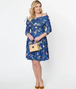 Unique Vintage Navy & Orchard Print Off Shoulder Flare Dress