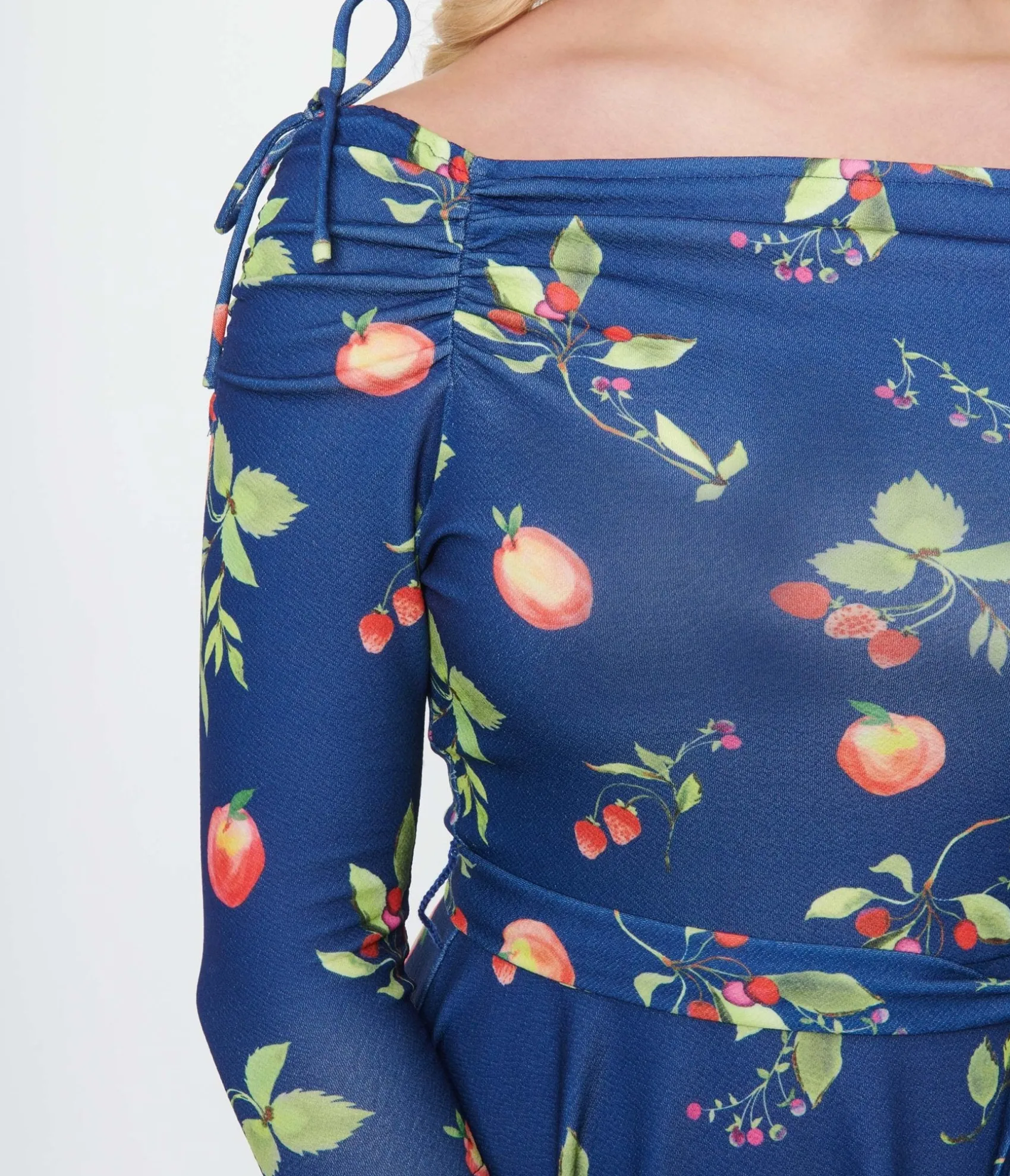 Unique Vintage Navy & Orchard Print Off Shoulder Flare Dress