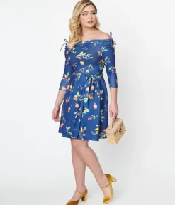 Unique Vintage Navy & Orchard Print Off Shoulder Flare Dress