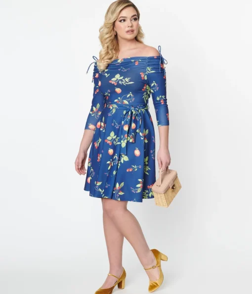 Unique Vintage Navy & Orchard Print Off Shoulder Flare Dress