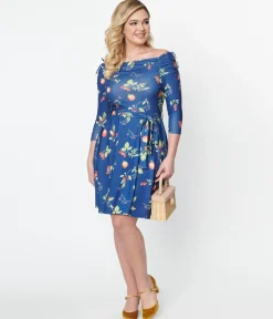 Unique Vintage Navy & Orchard Print Off Shoulder Flare Dress