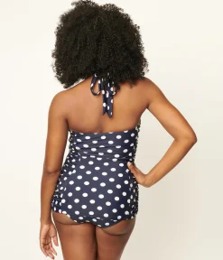 Unique Vintage Navy & White Polka Dot Corinne Halter Sheath Swimsuit
