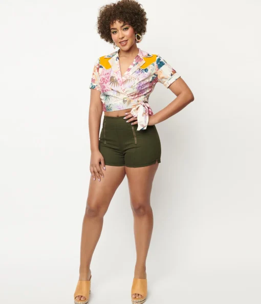 Unique Vintage Olive Denim Summer Love Shorts