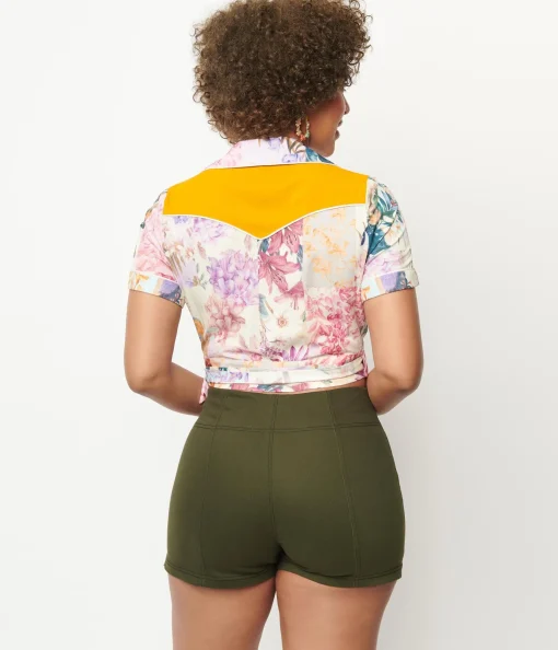Unique Vintage Olive Denim Summer Love Shorts
