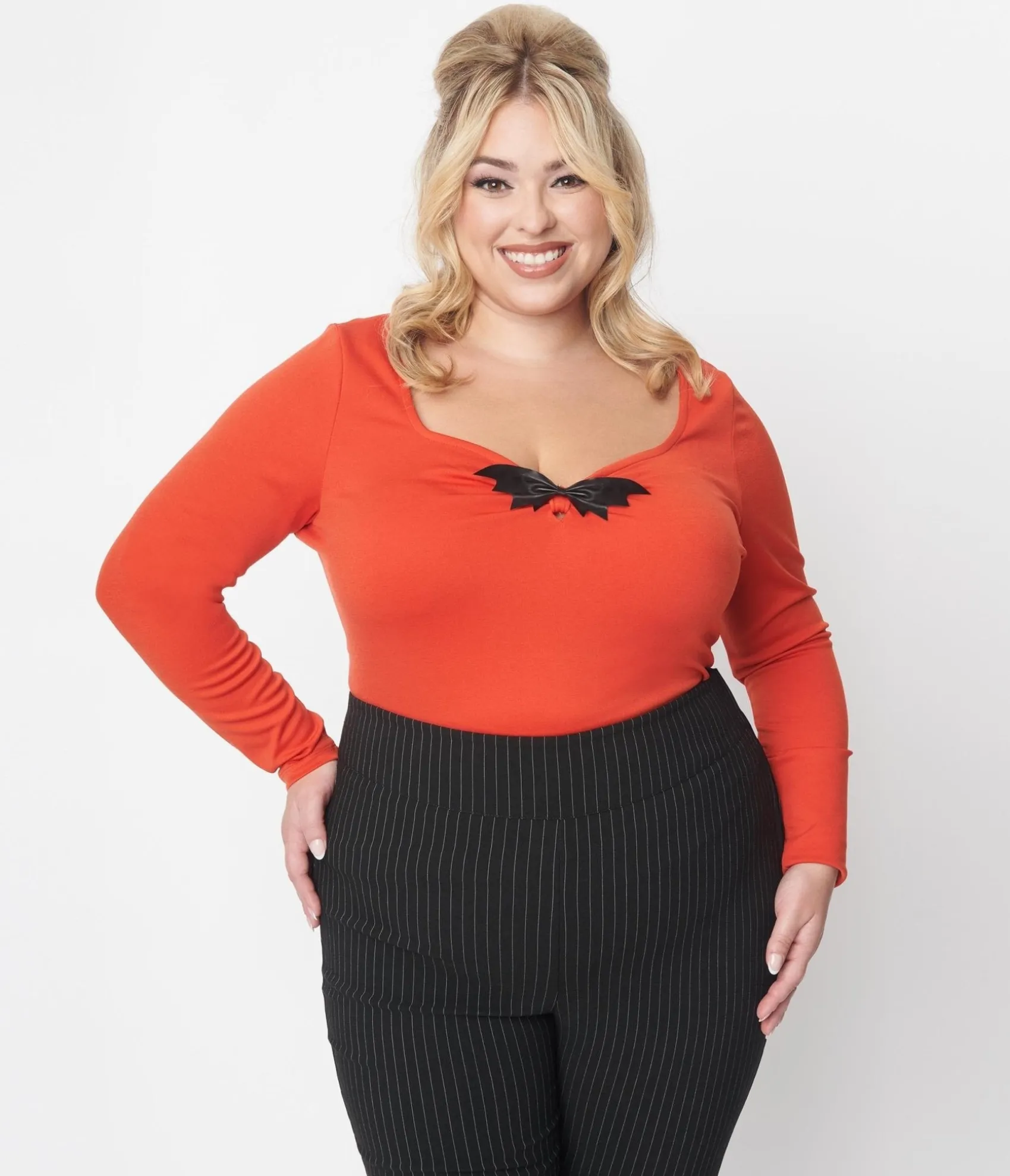 Unique Vintage Orange & Black Bat Bow Long Sleeve Top