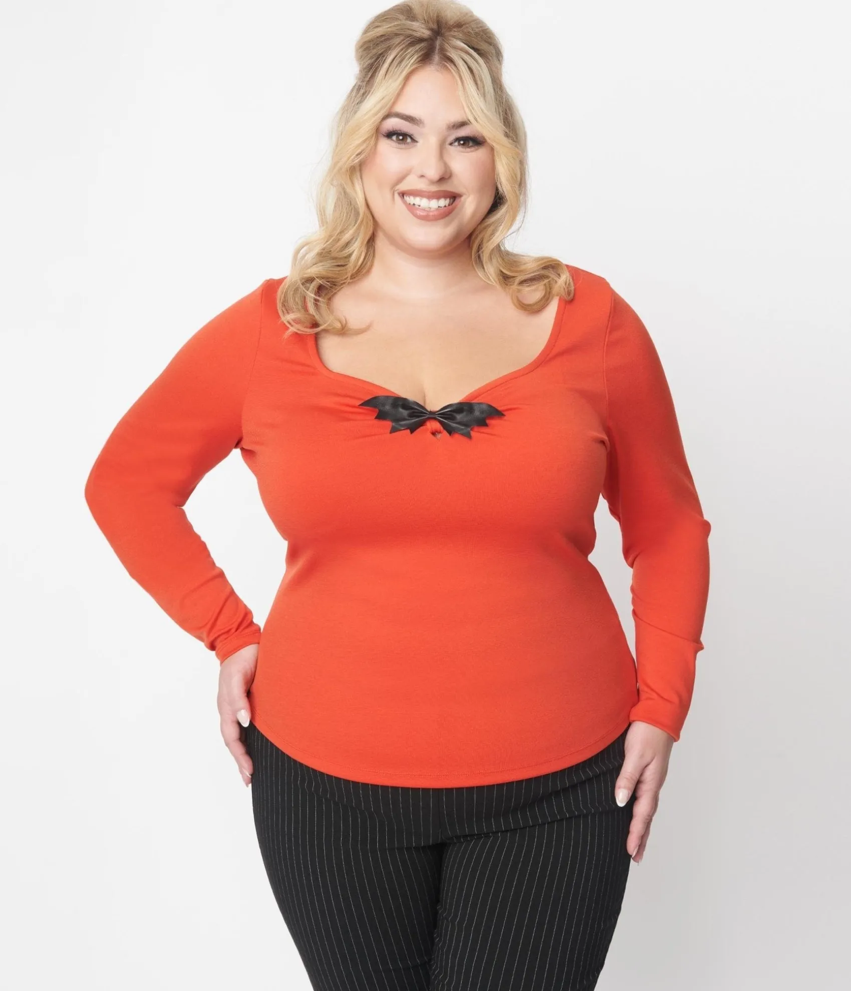 Unique Vintage Orange & Black Bat Bow Long Sleeve Top
