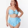 Unique Vintage Plus Size Blue Gingham Buckle Swim Top