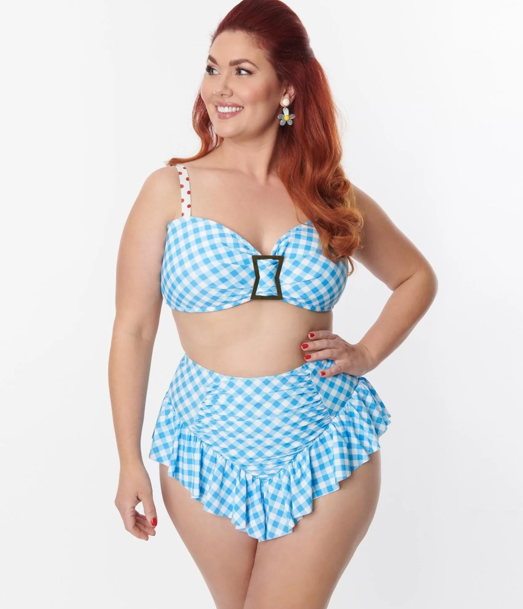 Unique Vintage Plus Size Blue Gingham Buckle Swim Top