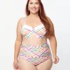 Unique Vintage Plus Size Pastel Madras Gingham Marlene Crop Swim Top