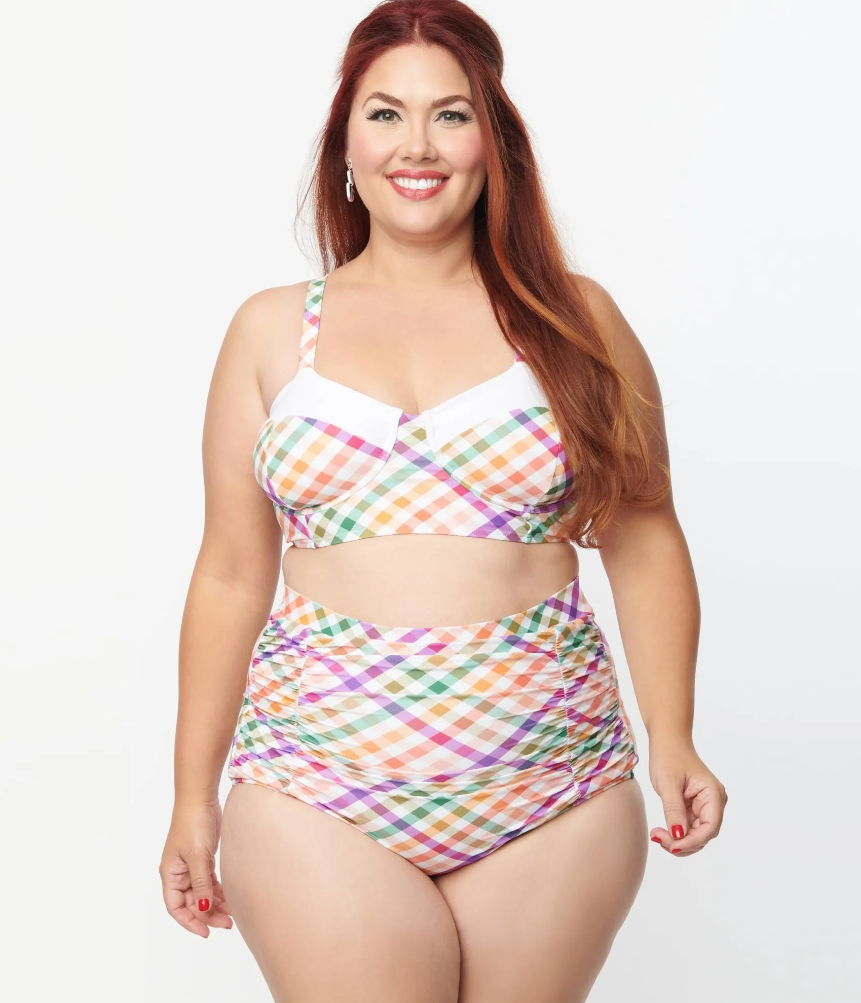 Unique Vintage Plus Size Pastel Madras Gingham Marlene Crop Swim Top