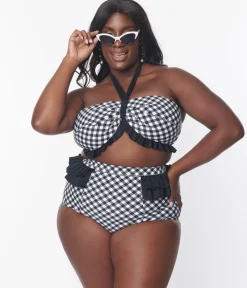 Unique Vintage Plus Size Black & White Gingham Ruffle Swim Bottom