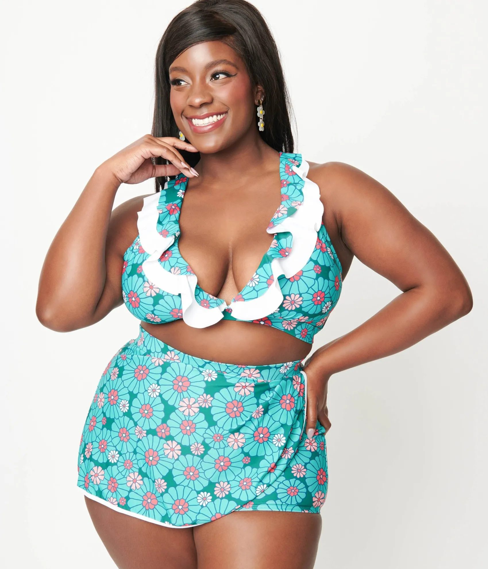 Unique Vintage Plus Size Teal Flower Child Halter Swim Top