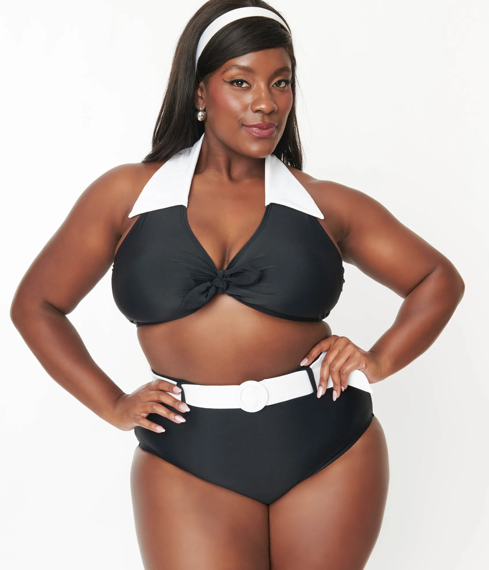 Unique Vintage Plus Size Black & White Halter Swim Top