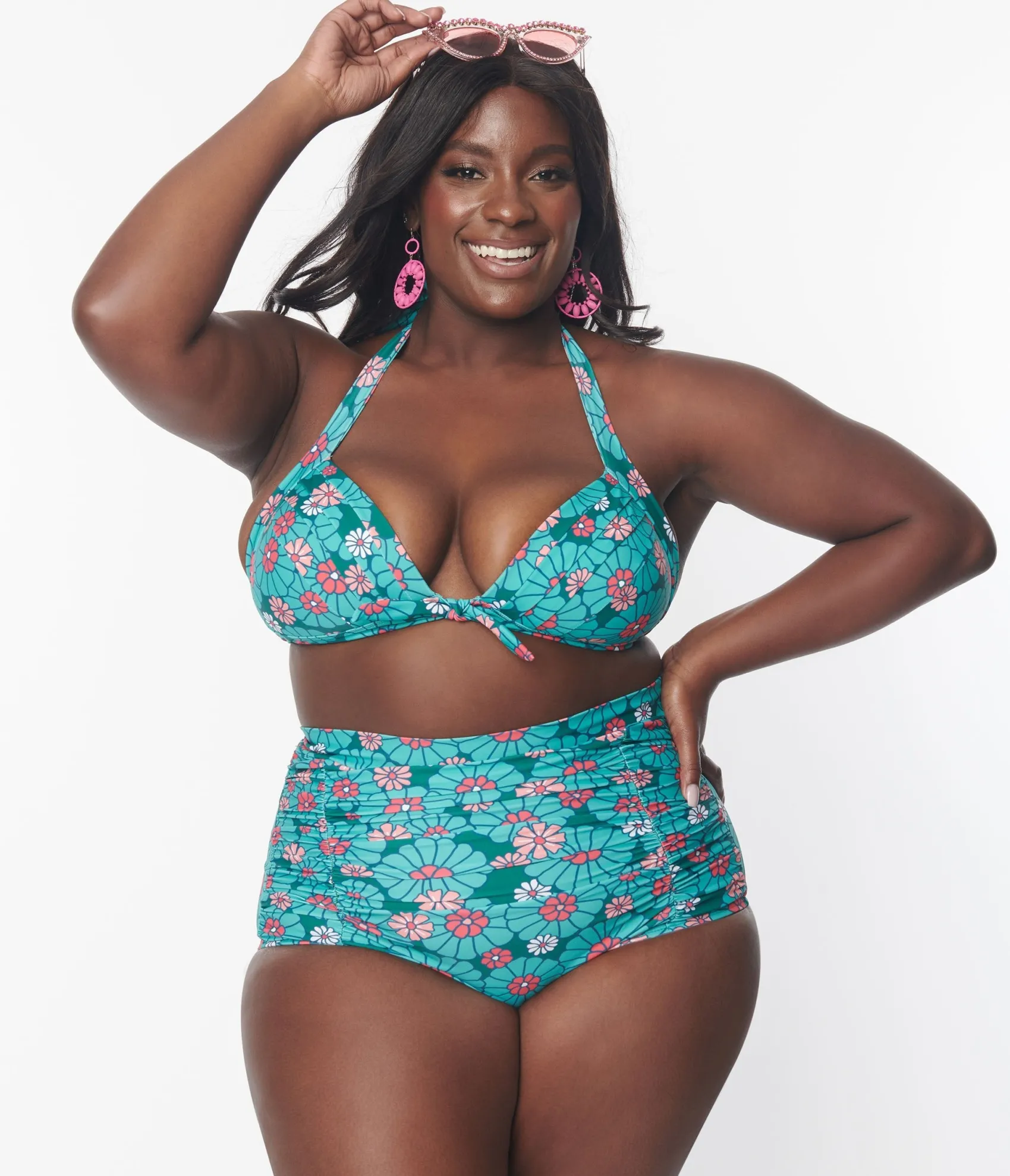 Unique Vintage Plus Size Teal Flower Child Monroe Swim Bottom