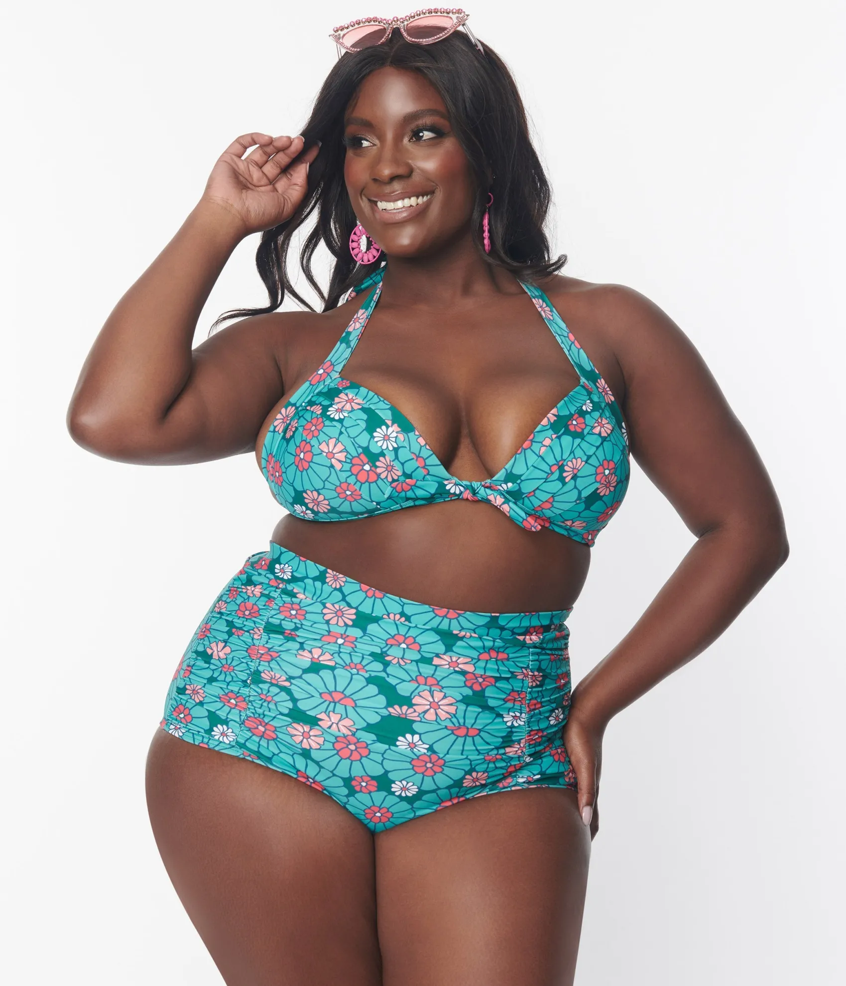 Unique Vintage Plus Size Teal Flower Child Monroe Halter Swim Top