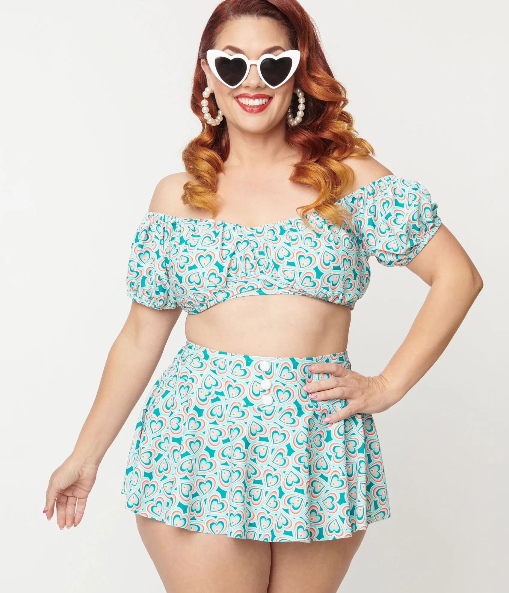 Unique Vintage Plus Size 1940s Turquoise Retro Hearts Off The Shoulder Swim Top