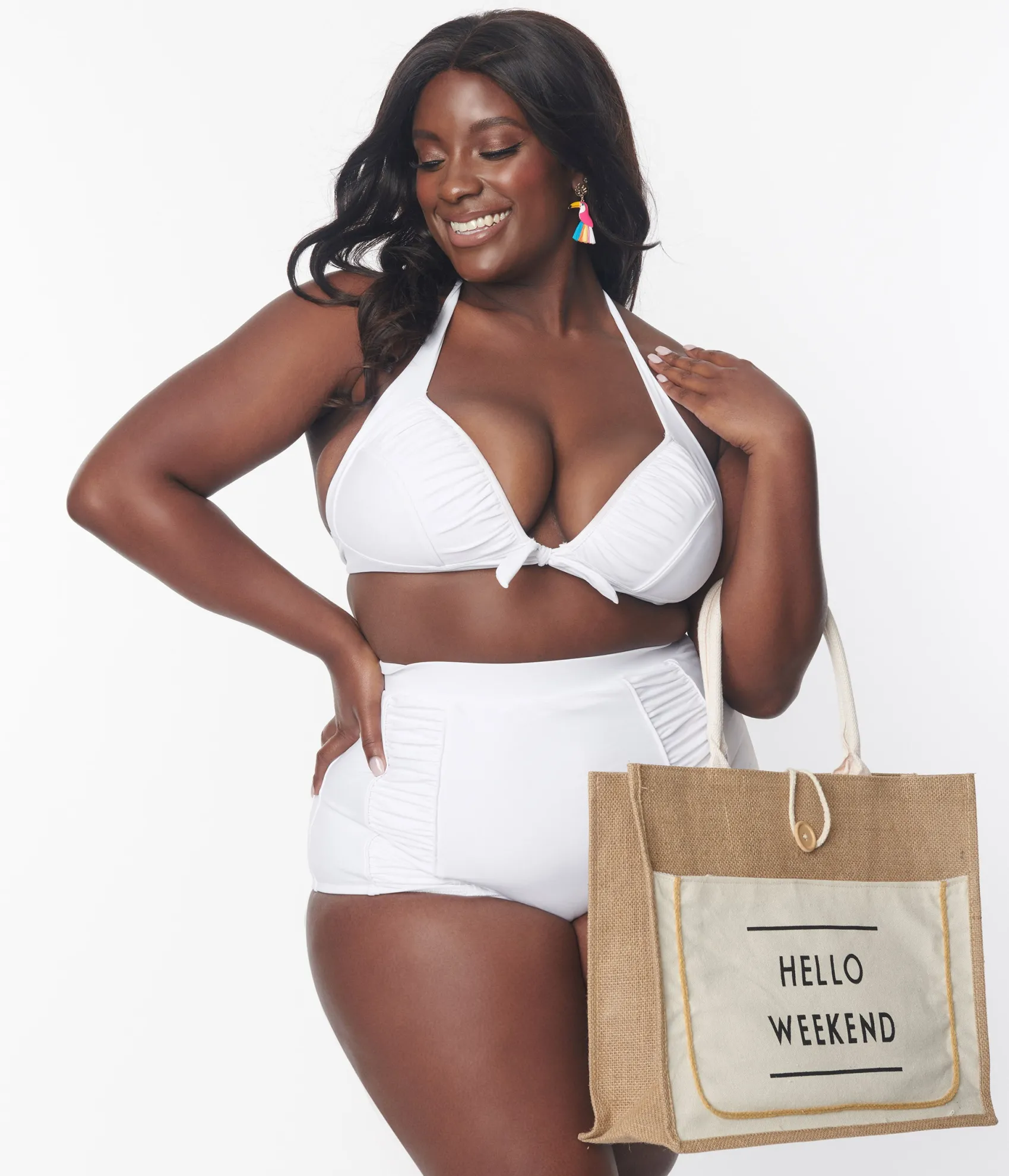 Unique Vintage Plus Size White Halter Swim Top