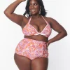 Unique Vintage Plus Size Purple & Orange Bohemian Floral Print Halter Swim Top