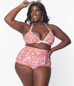 Unique Vintage Plus Size Purple & Orange Bohemian Floral Print Halter Swim Top