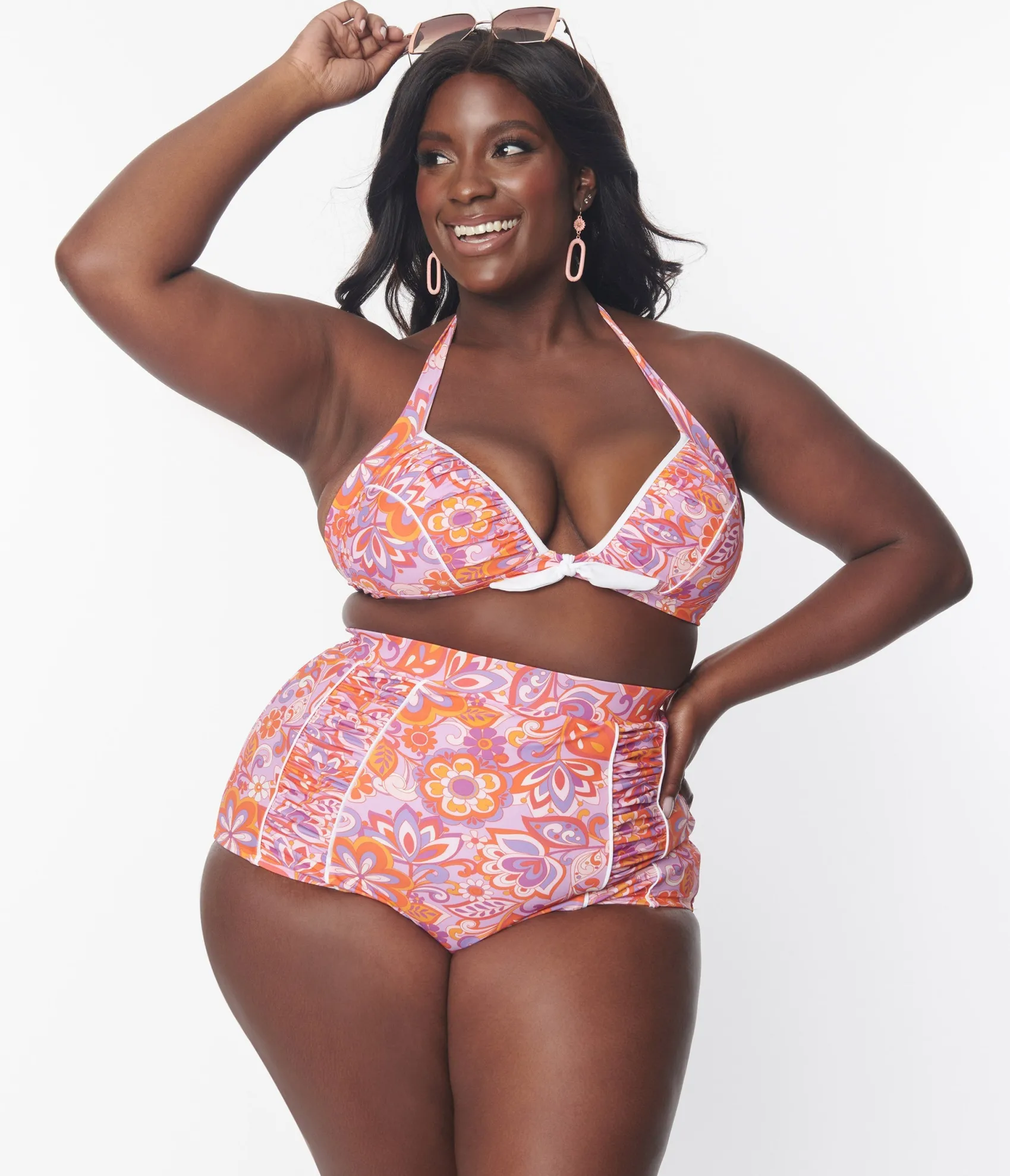 Unique Vintage Plus Size Purple & Orange Bohemian Floral Print Halter Swim Top