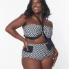 Unique Vintage Plus Size Black & White Bias Gingham Twist Front Halter Swim Top
