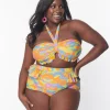 Unique Vintage Plus Size Happy Groovy Rainbow Twist Front Halter Swim Top