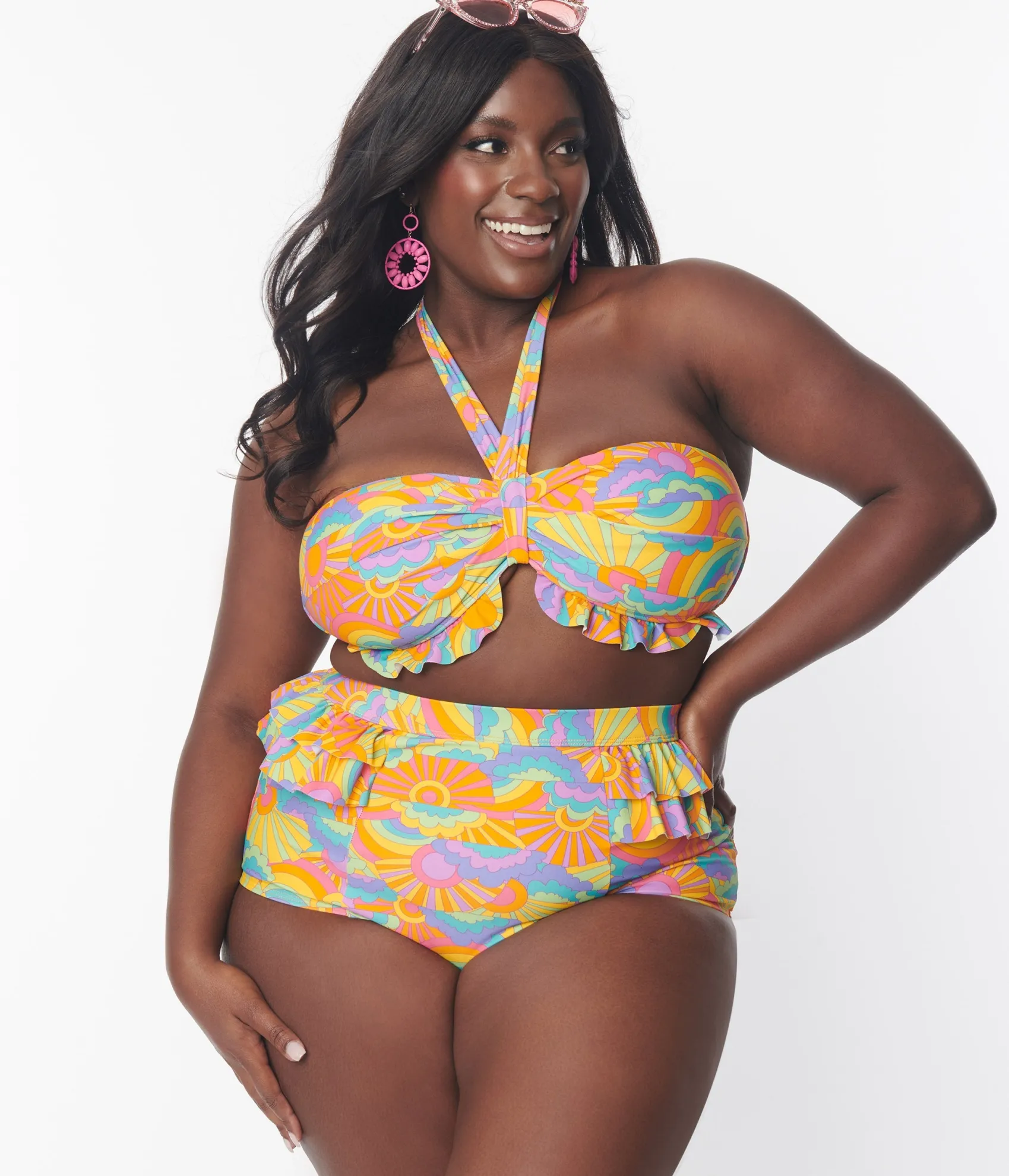 Unique Vintage Plus Size Happy Groovy Rainbow Twist Front Halter Swim Top